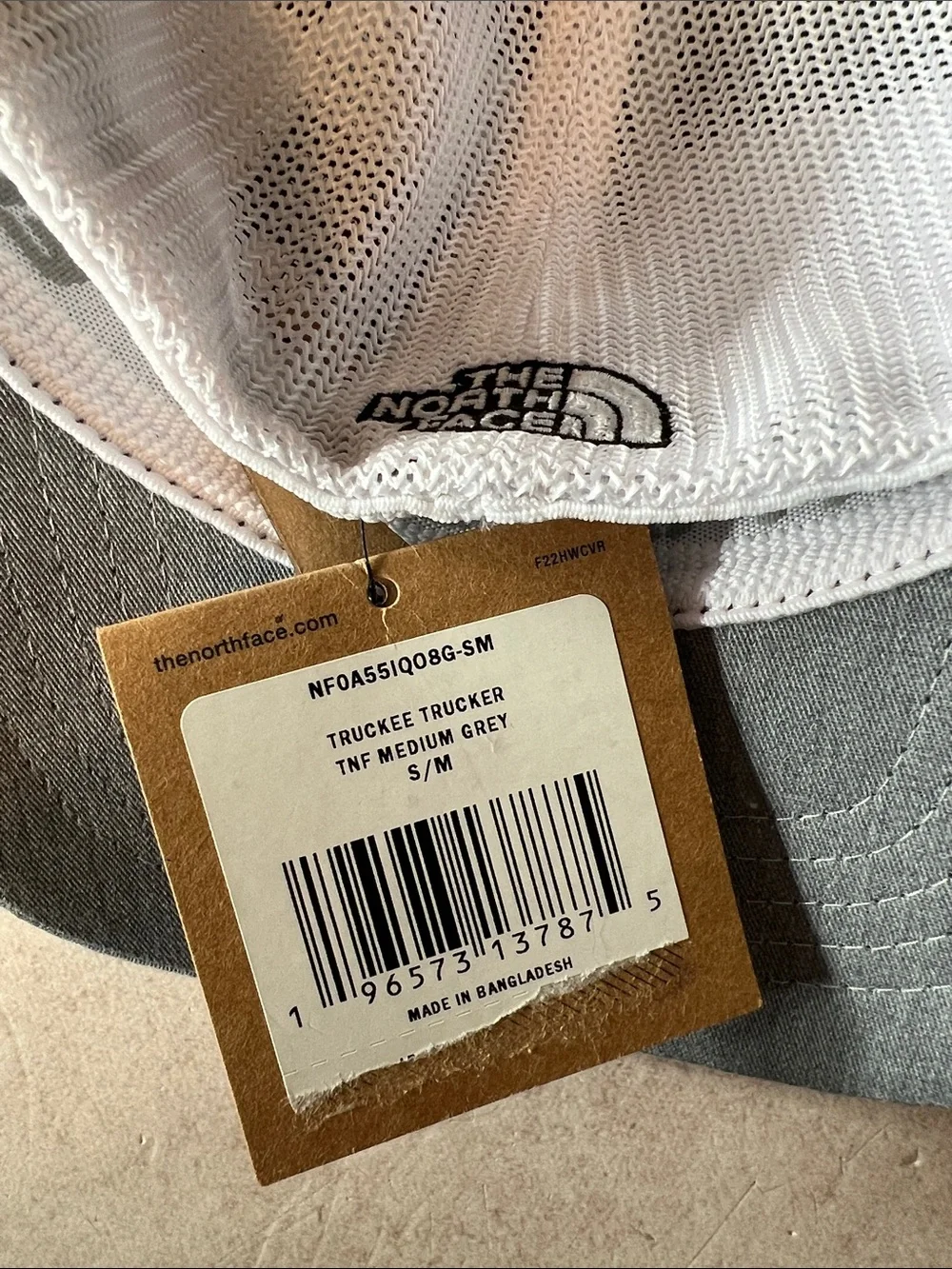 The North Face Grey & White Trucker Hat with Globe Logo Sizes S/M and L/XL